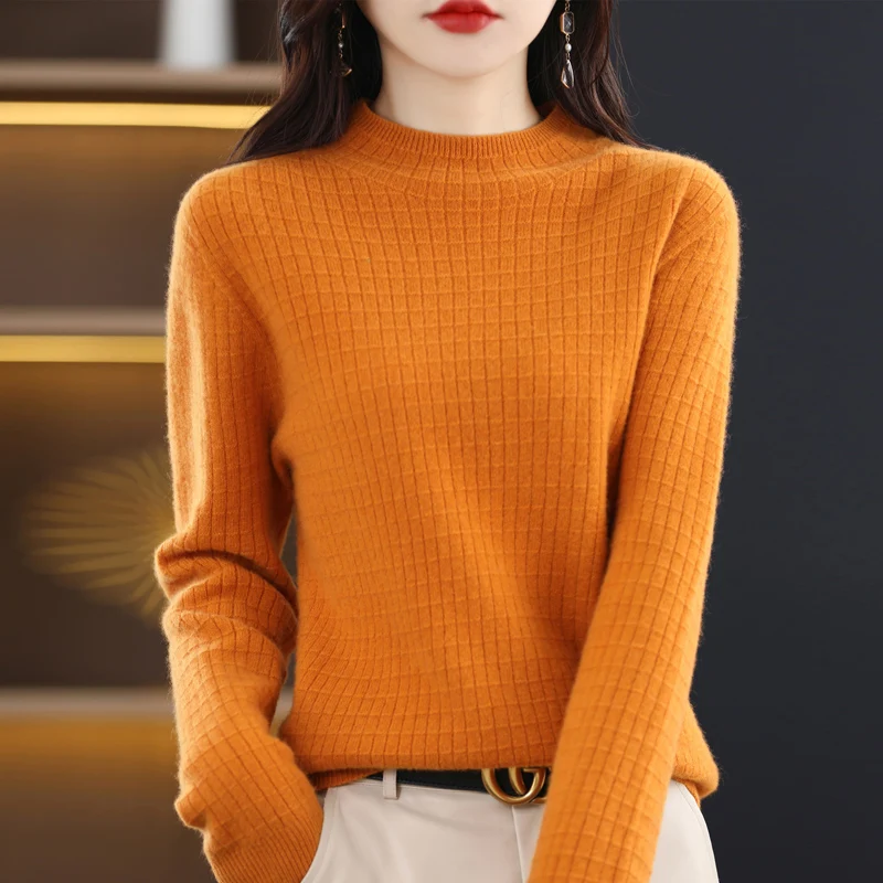 

Pure Wool New Cashmere Sweater Women's Half Height Round neck Pullover Slim Fashion Plaid Knitting Bottoming Top Autumn / Winter