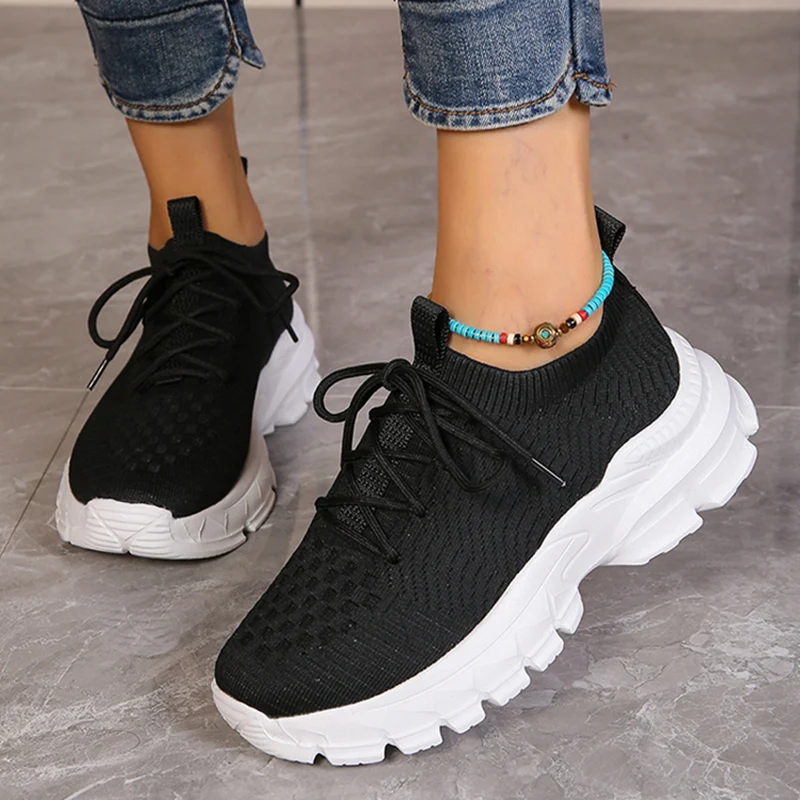 

Lucyever Lace Up Knitted Flats Women 2023 Plus Size Breathable Mesh Sneakers Woman Casual Soft Non Slip Sports Shoes Female 42