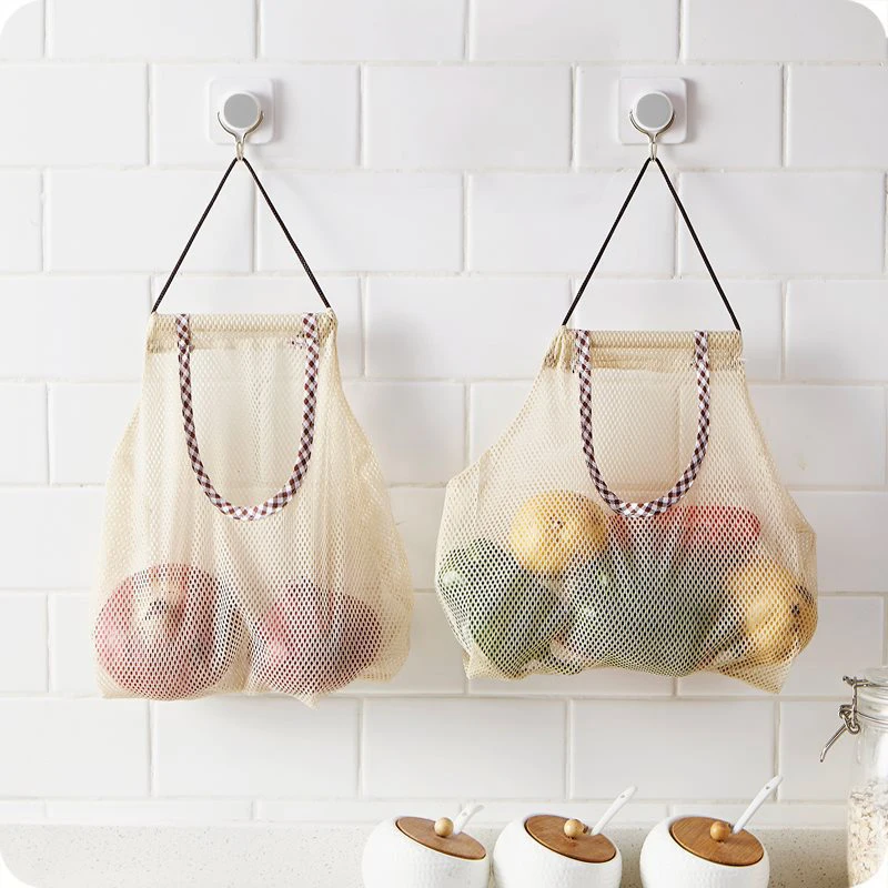 

Home Hangable Kitchen Fruit Vegetable Storage Net Bag Washing Reusable Wall-mounted Pouch Ginger Potatoes Storage Bag Kitchen