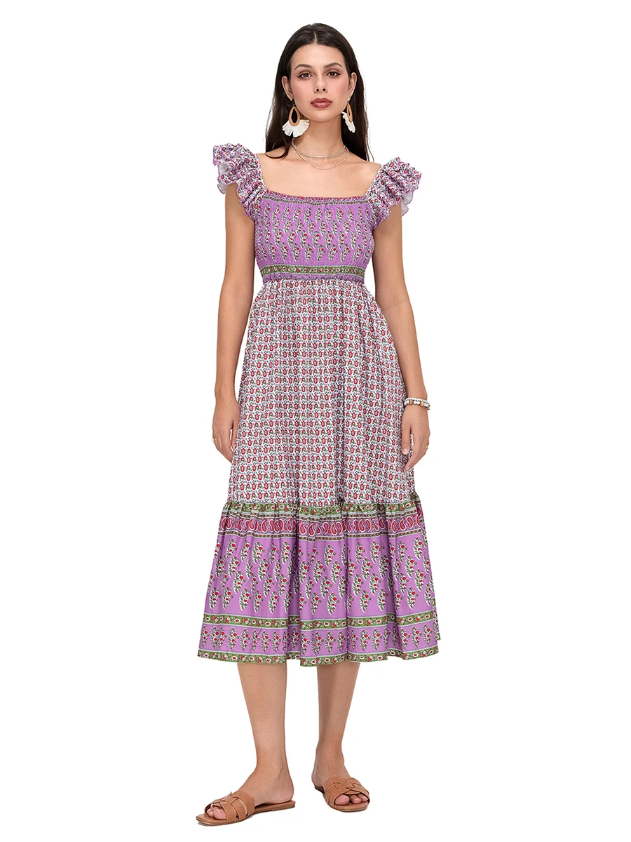 Женское летнее платье миди с цветочным принтом в горошек и летящими рукавами