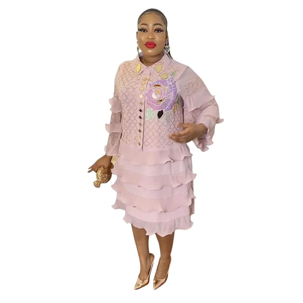 XL-5XL plus size Dresses for Women Summer Women Long Sleeve Green Pink Yellow Black Knee-length Dress African Clothes