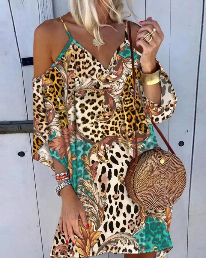 

Casual Daily Vacation Dresses for Woman 2023 Spring Leopard Print Cold Shoulder Straight Mini Female Dress Comfortable