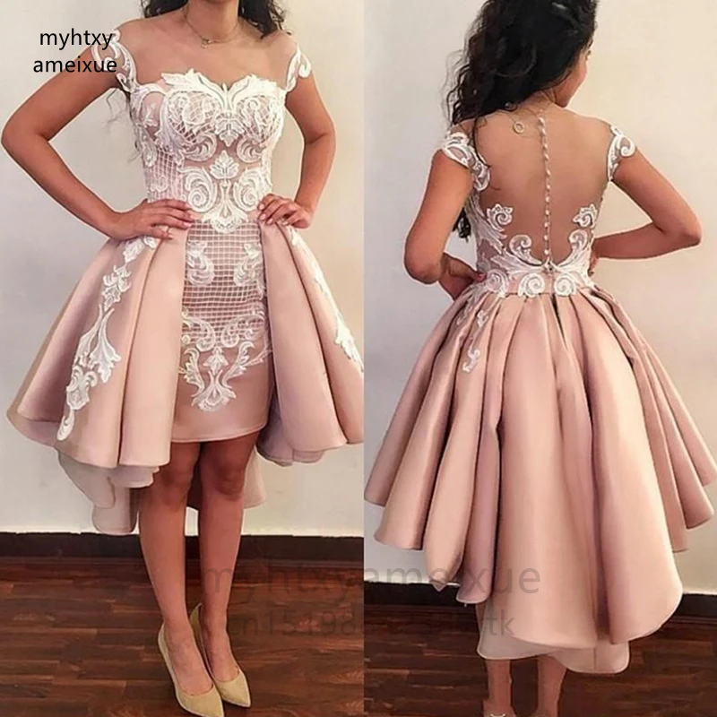 

Sexy Dusty Pink Homecoming Gowns High Low Cocktail Dresses Short Sleeves Illusion Neckline Wedding Party Gowns Lace