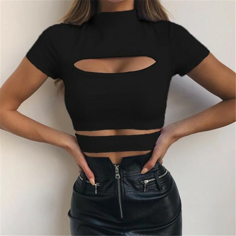 Green Black Gothic Chest Hollow Out Crop Top Solid Sexy Women Slim Tank Tops Tee Shirt Female Casual Sexy