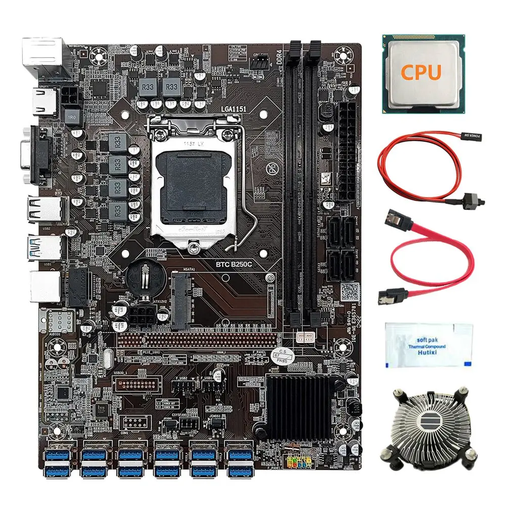 

Материнская плата B250C 12 Card BTC для майнинга + ЦП G3900/G3930 + вентилятор + термопаста + SATA + кабель переключателя 12 USB3.0 LGA1151 DDR4 MSATA