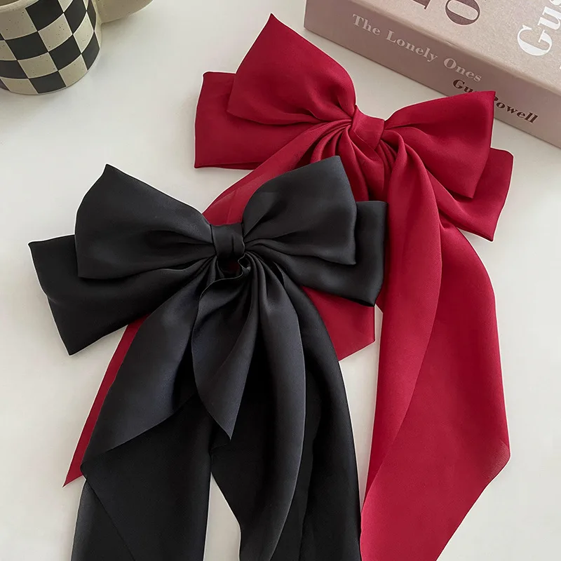 

Elegant Bow Ribbon Hair Clip Fashion Simple Solid Satin Spring Clip Hair Pin Retro Headband with Clips Girls Hair Accessories