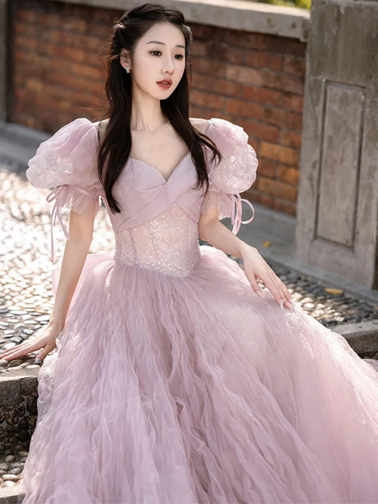 

New 2023 Pink Princess Prom Dresses Crepe Fulffy Pleated V-neck Puff Sleeve Bow Woman Formal Wedding Guests Party Evening Gowns