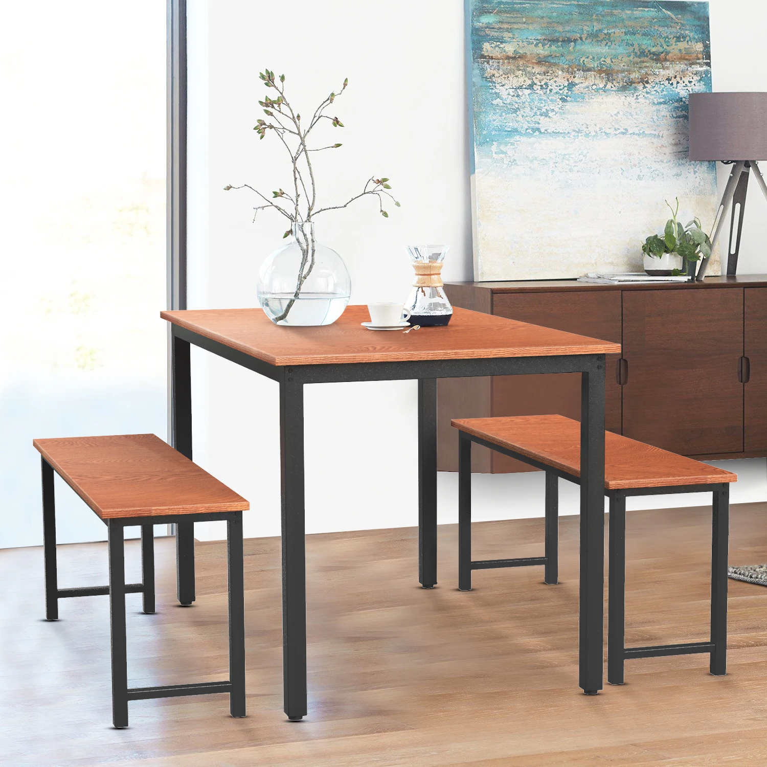 Set Include 1 Table 2 Benches Metal Frame&mdf Board For Home Cafeteria Apartment