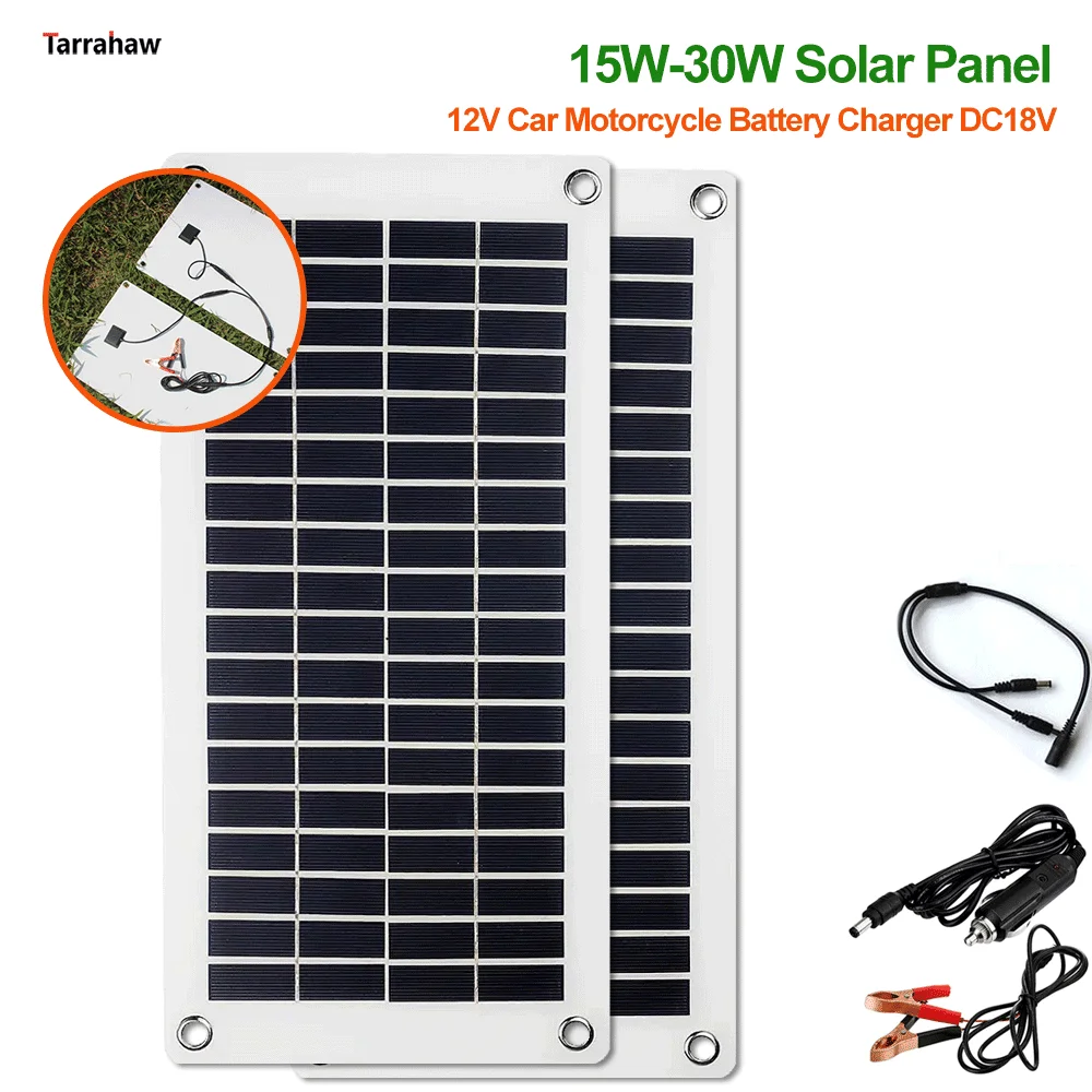 

15W-30W Solar Panel 12V Car Motorcycle Battery Charger DC18V Output Outdoor Portable Photovoltaic Cells Semi-Flexible PV Plate