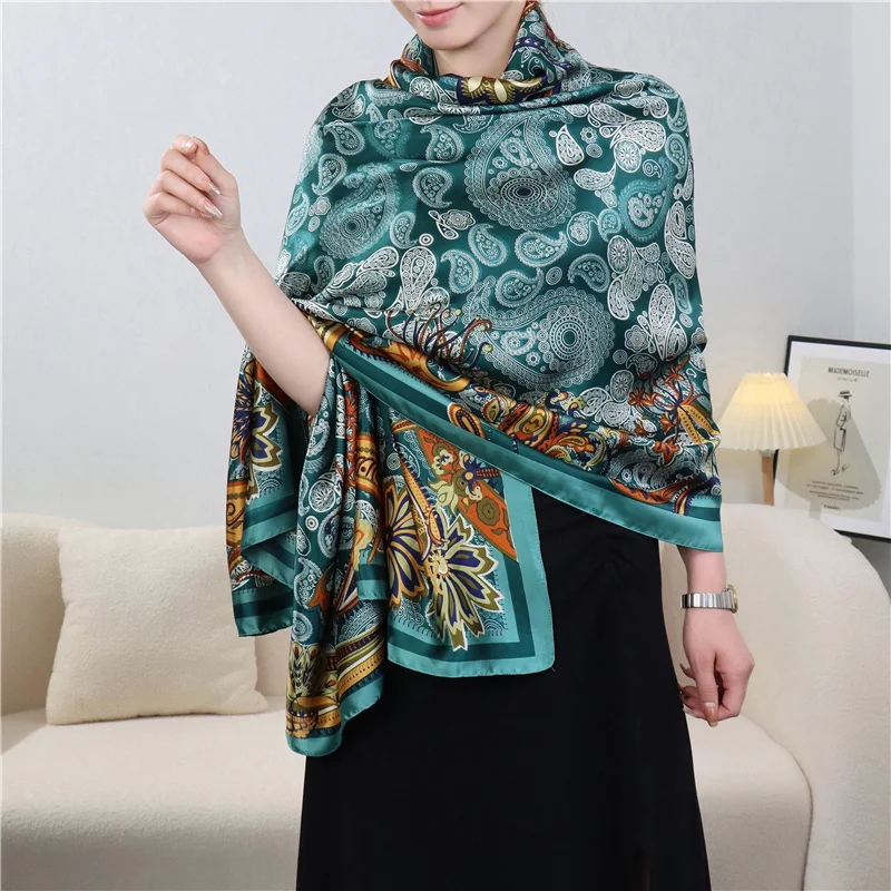 

180*90cm Luxury Silk Scarf Shawl Satin Print Women Spring Warm Hijab Femael Headkerchief Bandana Pashmina Travel Beach Stoles