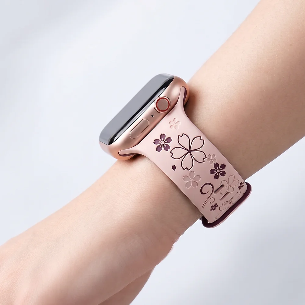 Фото Ремешок с цветочным узором для Apple Watch, 44 мм, 42 мм, 40 мм, 41/45/46/49 мм, силиконовый браслет Correa Series 11, 10, 9, 8, 7, SE, 6, 5, Ultra №1