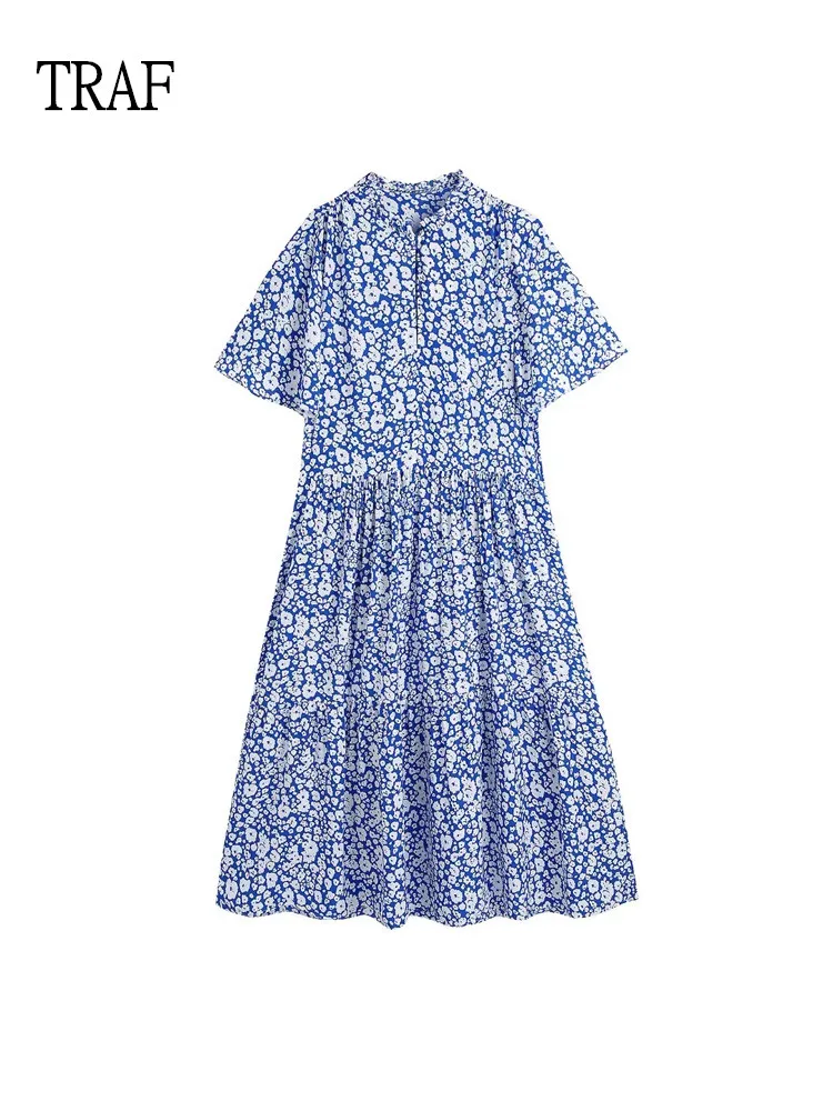 

TRAF Blue Long Dress Women 2022 Vintage Print Loose Midi Dress Summer Woman V neck Short Sleeve Boho Casual Dresses Ladies Robe