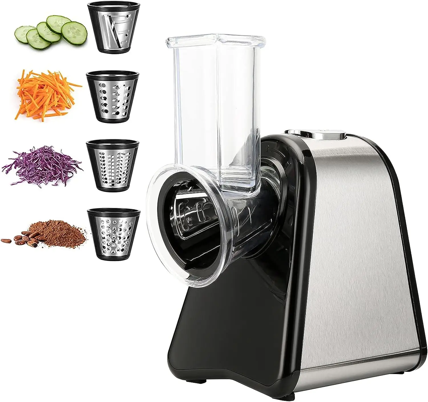 

Salad Maker Slicer/Shredder with One-Touch Control and 4 Free Attachments for fruits, vegetables, and potato