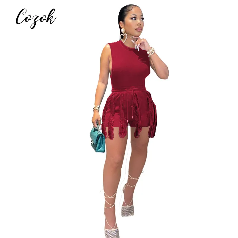 

COZOK S-5XL-2022 sleeveless bodysuit with tassels fringes shorts Plus size summer 2 Piece short Set Women