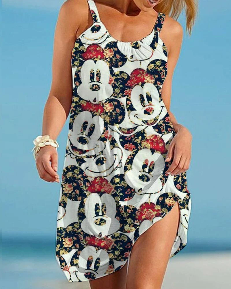 

Disney Minnie Mickey Mouse Women's Dress 3D Dye Print Fashion Sleeveless Summer Open Back Casual Sexy Dress Loose Kawaii Dress