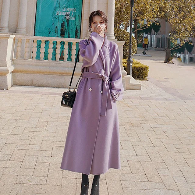 Женское шерстяное пальто средней длины, фиолетовое свободное утепленное пальто средней длины в британском стиле, Осень-зима 2023