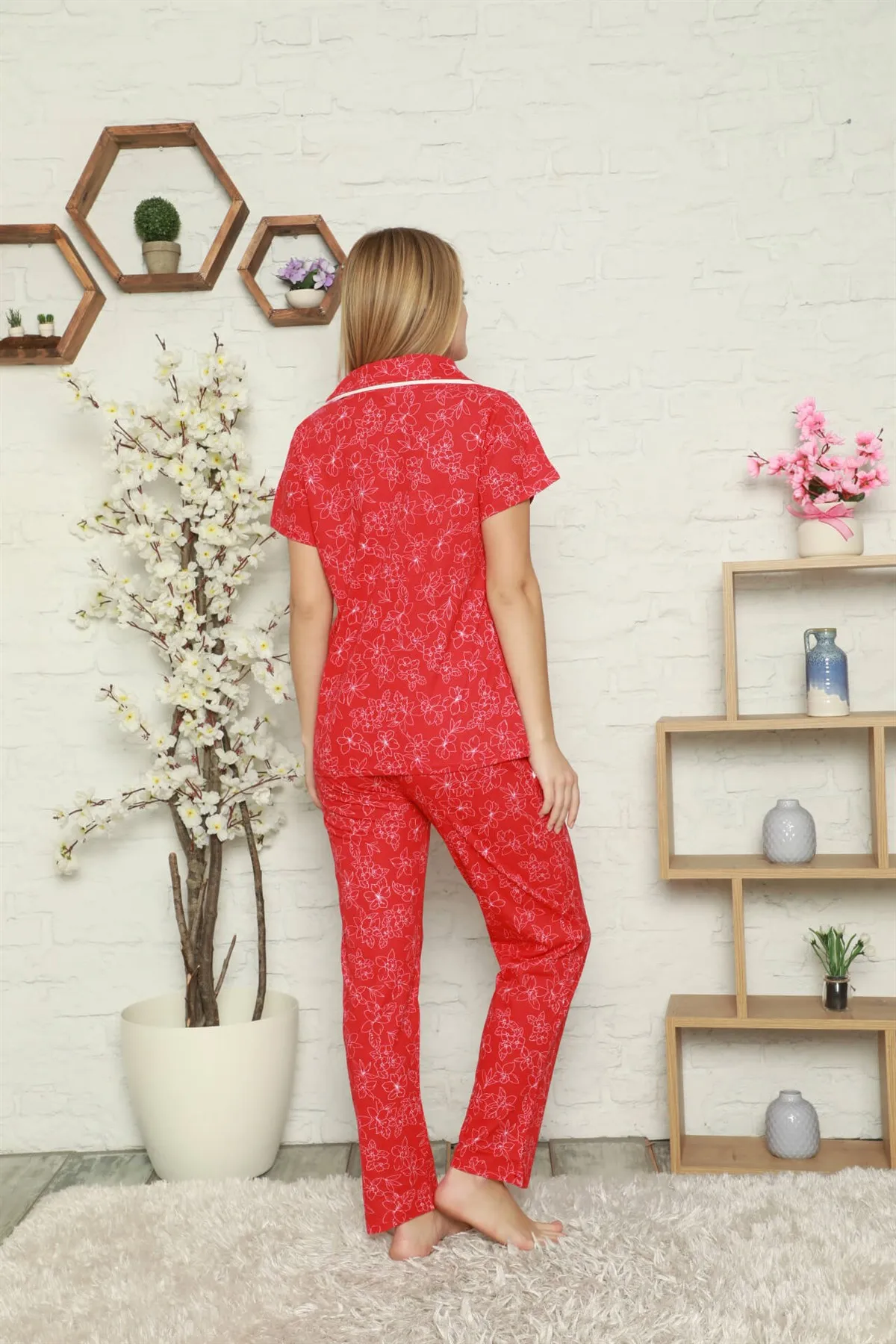 

Fashion Cartoon Women 'S 100 Cotton Front Button Short Sleeve Sleepwear Suit 2804