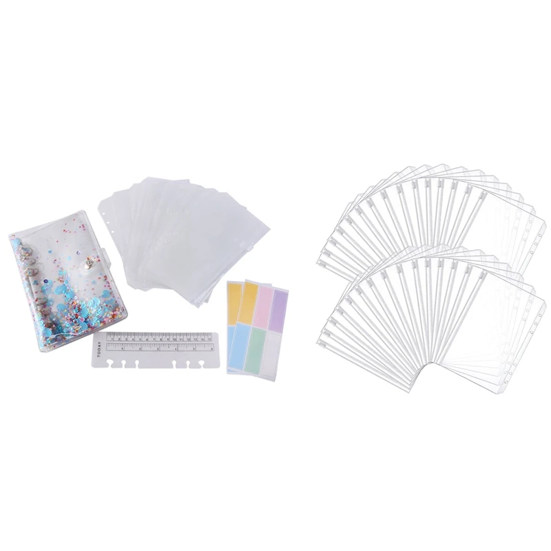 

30Pc Binder Pocket 6 Holes Loose Leaf Bags A6 Binder Zipper & 1Set A6 Binder And 12 Transparent Envelopes, Budget Binder