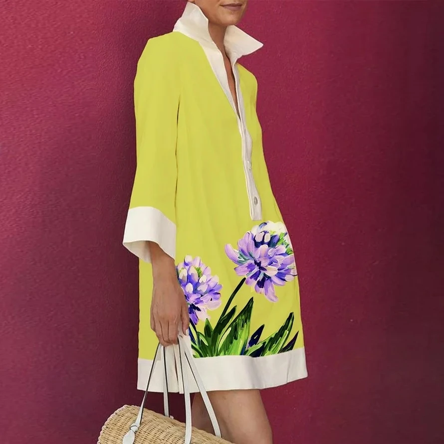 

2023 Fashion Casual Street Style Long Dress Women Seven-point Sleeve Lapel Single Breasted Printed Lady Mid Dress