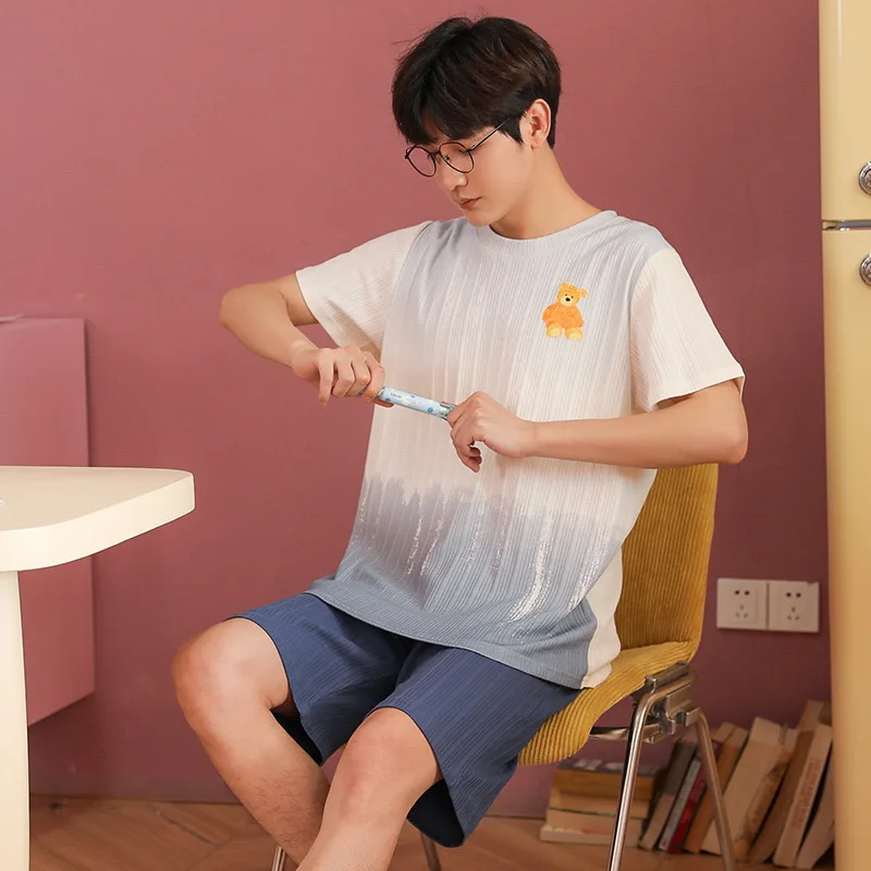Men Summer Short Sleeve Pajama Sets Breathable Organic Cotton Soft Confort Leisure Home Causal Male Sleepwear