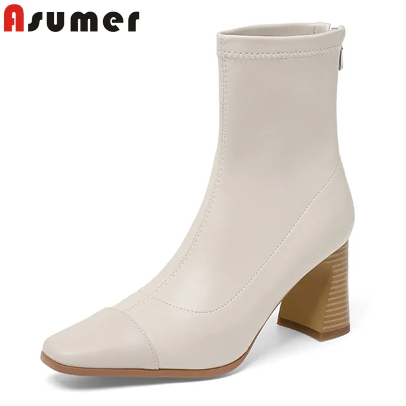 

ASUMER 2023 новые зимние ботинки из натуральной кожи, Женские однотонные ботинки на толстом высоком каблуке, дамские лаконичные Ботильоны на молнии