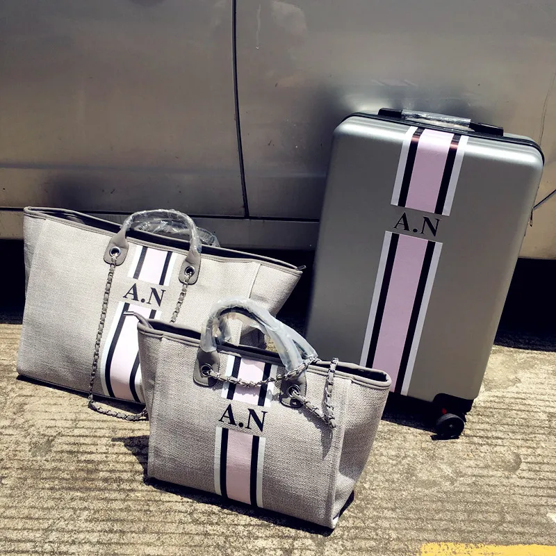 Custom Monogram Stripes Set of 3 Cabin Suitcase, Medium Tote & Mini Tote personalised Luggage Weekend Trolley