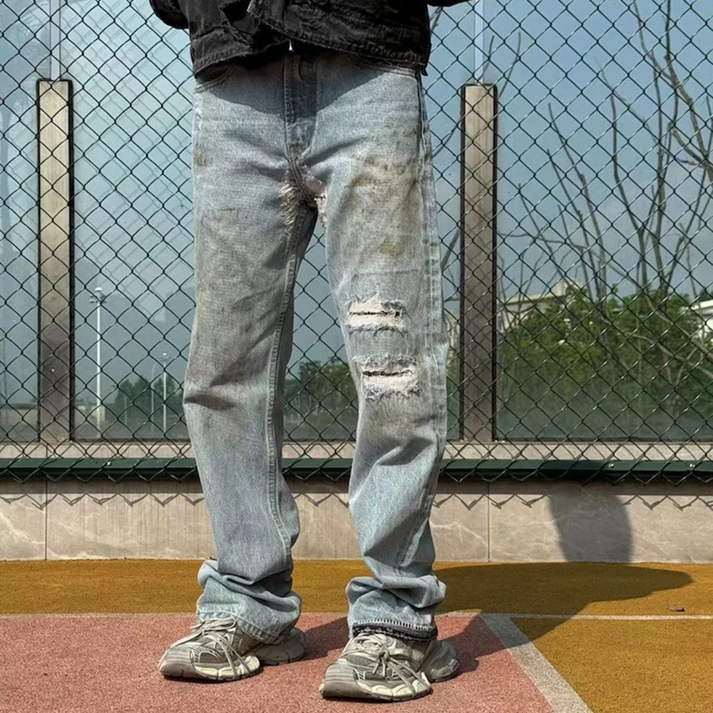 Джинсы мужские в стиле High Street рваные мешковатые брюки из грязного Джинса с