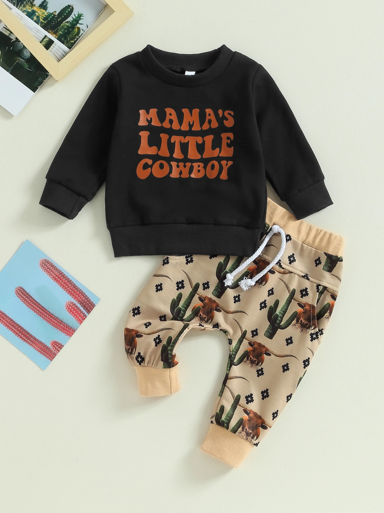 

Adorable Western Style Baby Boy Outfit with Cow Print Sweatshirt and Jogger Pants - Perfect for Fall and Winter
