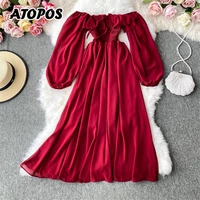 atopos women off shoulder summer dress fashion elegant beach dresses long sleeve high waist vestidos robe female clothes 2022