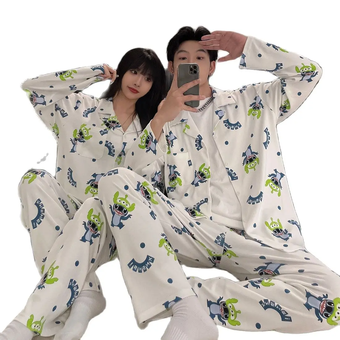 Disney Stitch Sleepwear Cartoon Cotton Pajamas Set for Women Men Couples Long Pants Loungewear Fashion Home Clothing Homewear