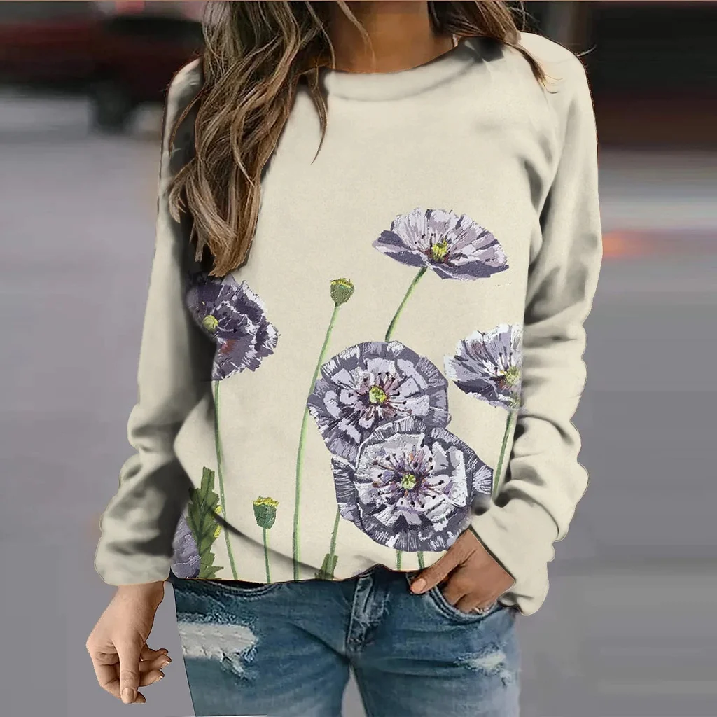 

2022 [New In] Women's Dandelion Theme Abstract Painting T Shirt Floral 3d Print Long Sleeves Round Neck Basic Vintage Tops