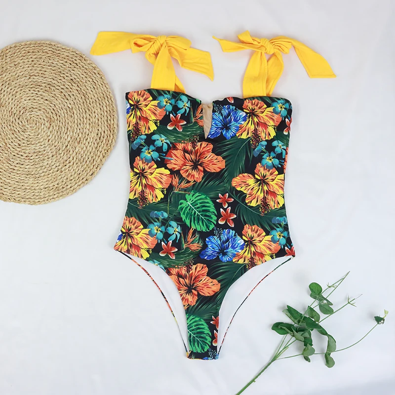 

Sexy One Piece Swimsuit Women Swimwear 2022 Zip Monokini Leaf Print Surfing High Neck Beach Bathing Suit Swimming Suit Female XL