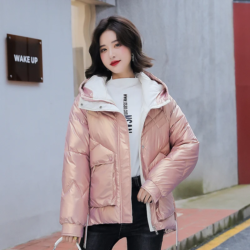 Women 2021 New Casual Drawstring Big Pocket Parkas Coats Short Glossy Hooded Parka Solid Color Winter Loose Jackets for Female
