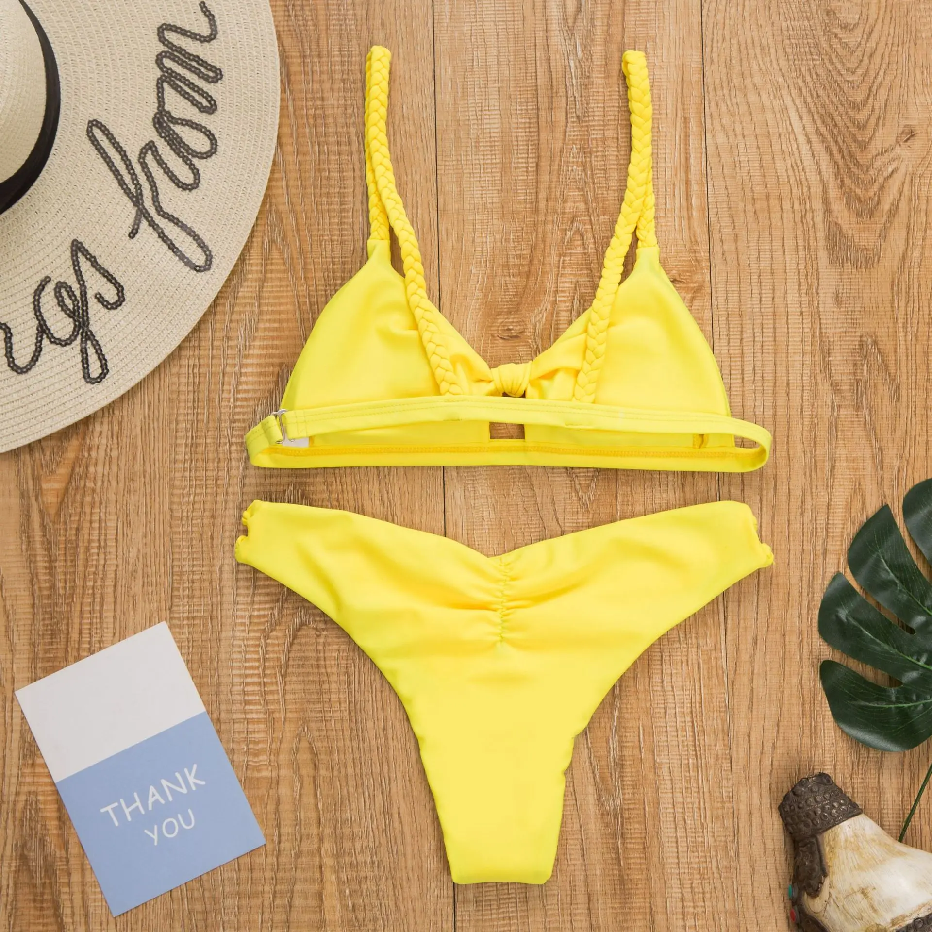 Бикини 2022 сексуальный желтый купальник женский с плетеными лямками комплект