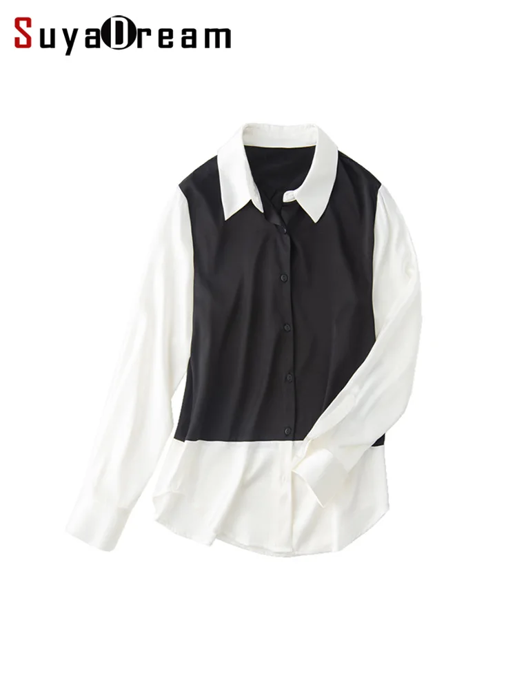 

SuyaDream Женская 23 мм шелковая атласная с длинными рукавами элегантная контрастная цветная Блузка цвета морской волны рубашка 2021 Весенняя черная офисная шикарная рубашка