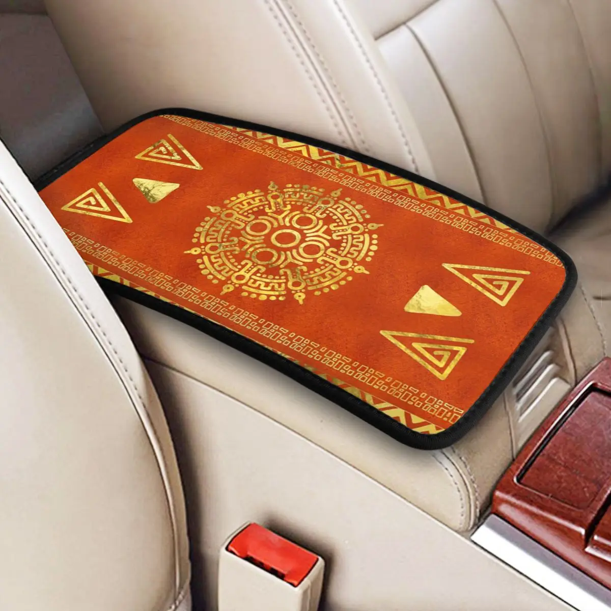 

Car Armrest Cover Mat Leather Gold Aztec Calendar Center Console Cover Pad Tribal Mayan Ethnic Auto Accessories Interior