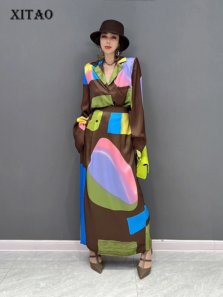 

XITAO Fashion Print Dress Sets Simplicity Contrast Color Casual Temperament Shirt Top Skirt Two Pieces Sets Women ZY8107