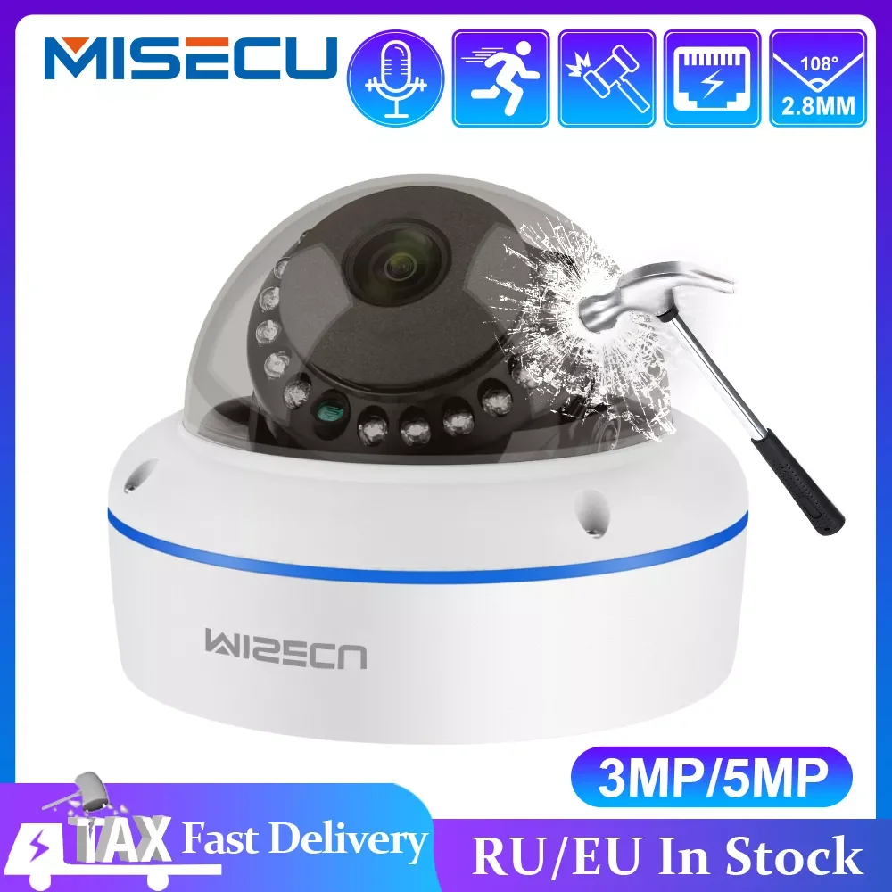 

NEW2023 MISECU Super HD 5MP 3MP H.265 Surveillance IP POE Camera Audio Microphone Dome Indoor Security Home Camera Metal Email P