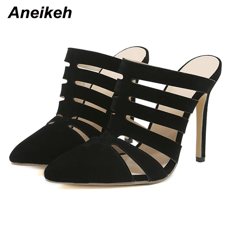 

Aneikeh Fashion 2022 Summer Flock Hollow out Pointed Toe Shallow Beach Mules Slippers Women's Shoes Party Solid LEISURE MATURE
