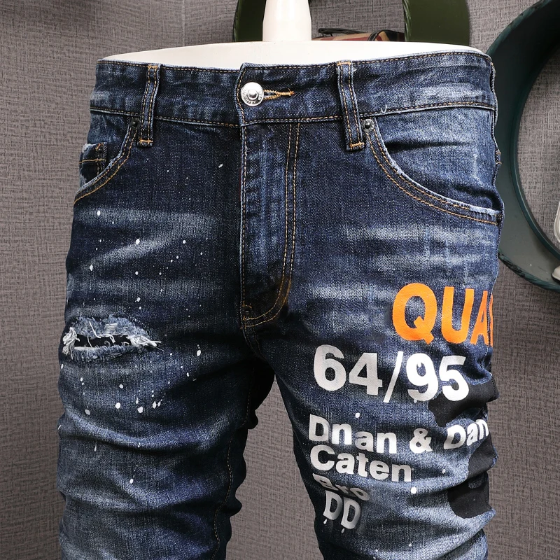 High Street Fashion Men Jeans Retro Blue Stretch Slim Fit Vintage Ripped Jeans Men Printed Designer Hip Hop Brand Pants Hombre