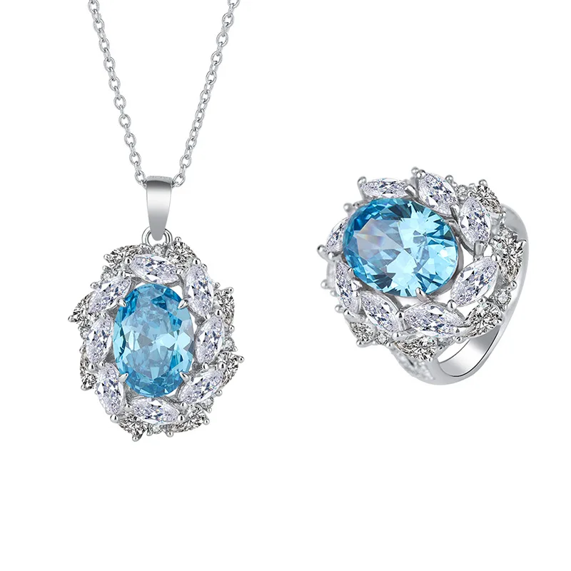 

New fashion S925 silver inlaid 5A zircon colorful treasures aquamarine ladies temperament pendant ring set