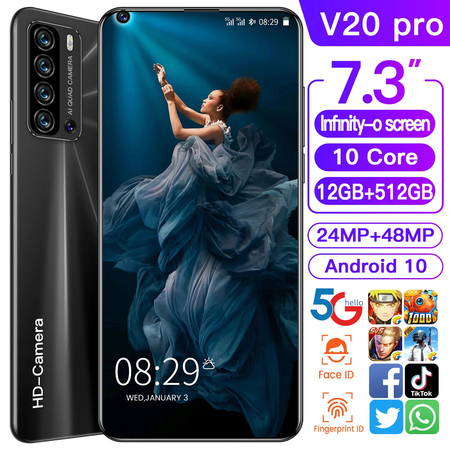 

Смартфон V20 Pro, 7,3 дюйма, HD, 4G/Φ, 12G, 512G, Celulares, Android 10,0, две SIM-карты, доступ к лицу