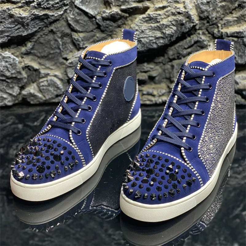 

Luxury Brand Red Bottoms High Top Rivets Tennis Shoes For Men's Casual Sport Loafers Trainers Women's Rhinestone Spikes Sneakers