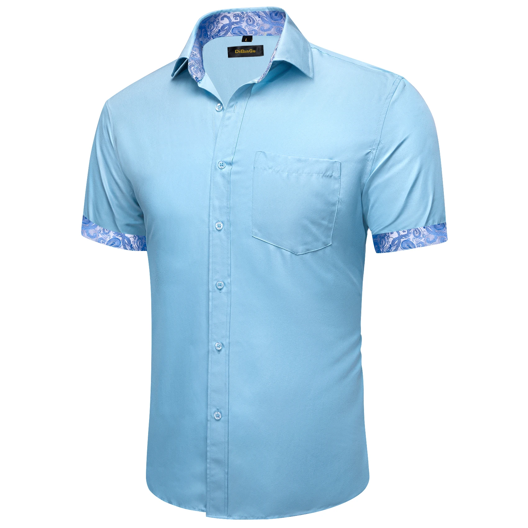 Baby Blue Spring Summer Short Sleeve Shirt Men Button Up Party Shirts Luxury Male Patchwork collar Mens Wears camisa masculina
