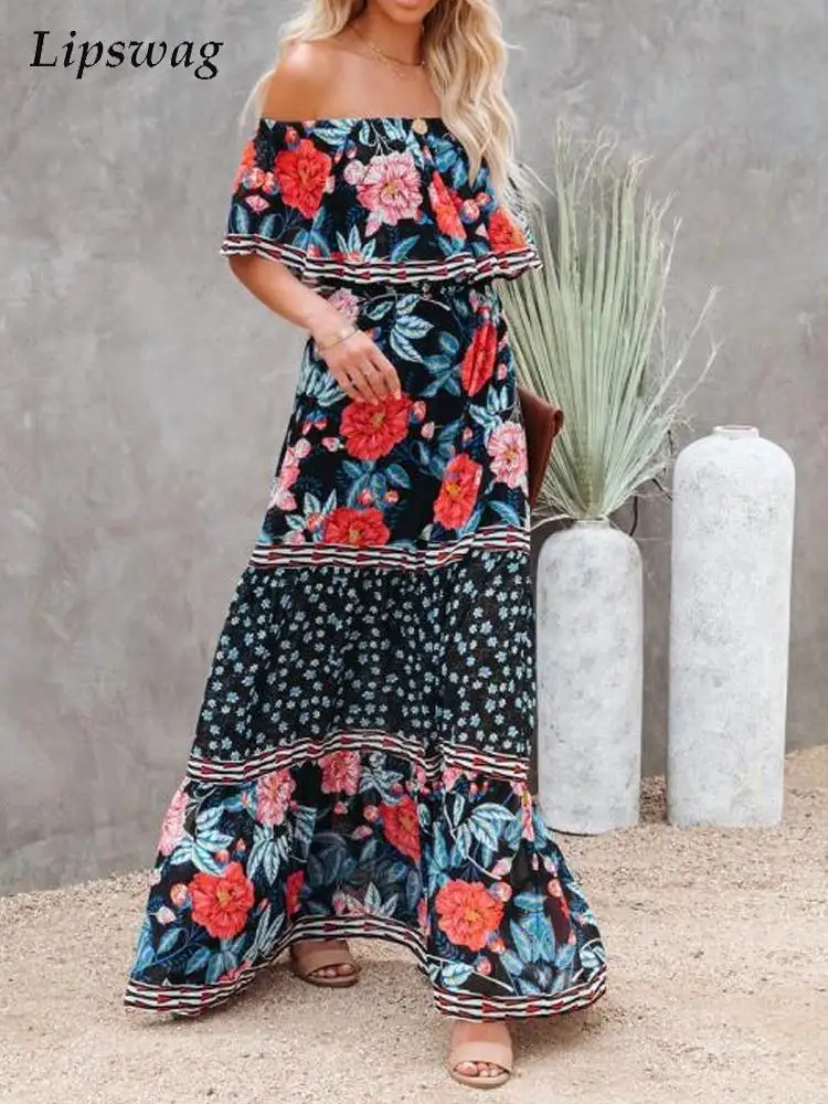 

Винтажное платье с цветочным принтом, летние элегантные свободные длинные платья с оборками и открытыми плечами, женское модное приталенно...