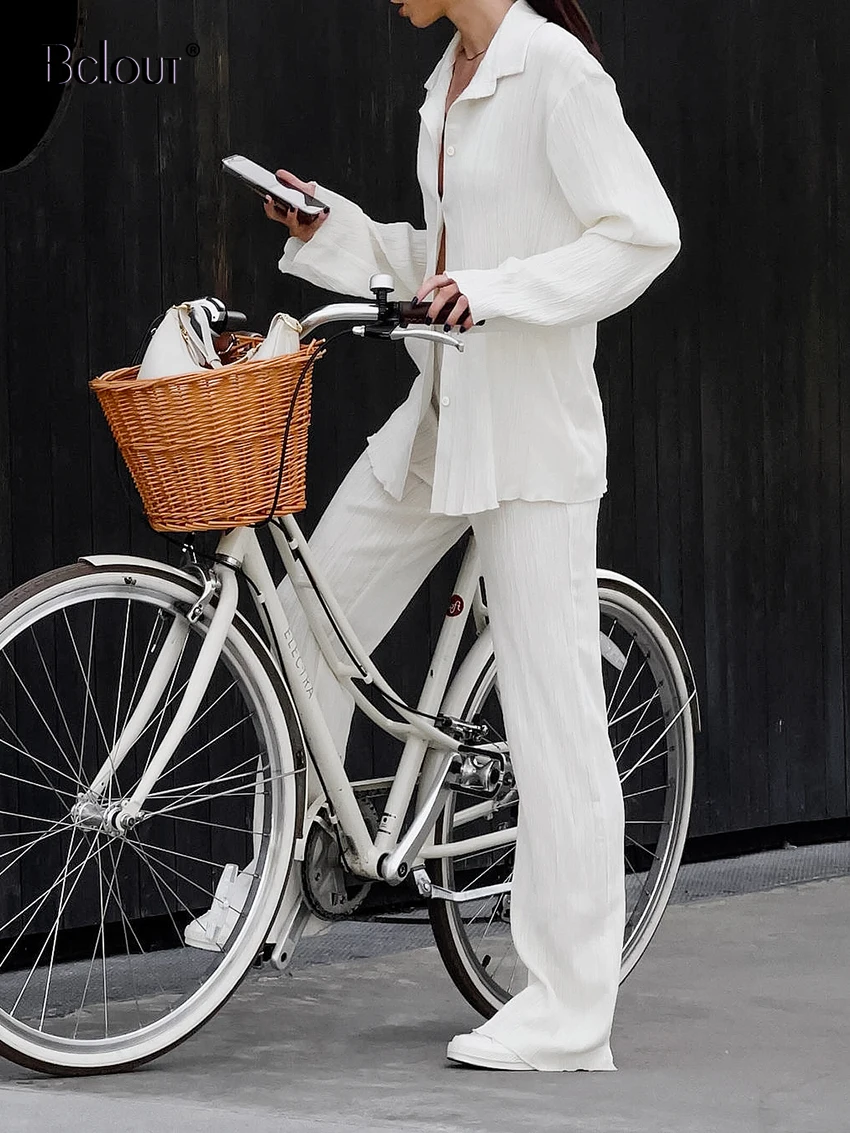 

Bclout Elegant White Ruched Pants Set Woman 2 Pieces Summer Long Sleeve Shirts Fashion Straight Long Pants Suits Outfits Womens