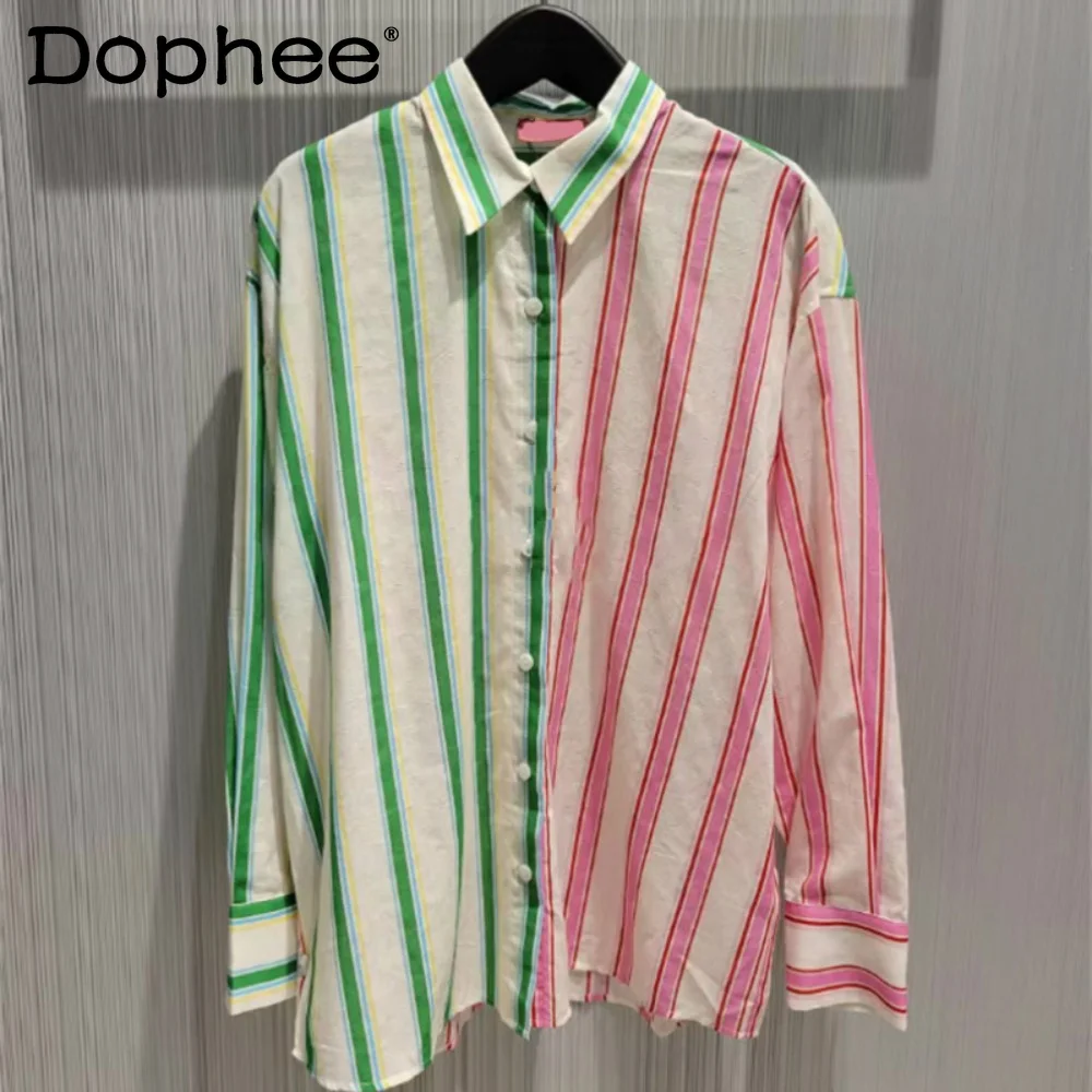 Niche 2023 Spring Summer New Blouse Top Contrast Color Vertical Stripes Long Sleeve Pointed Collar Loose Shirts Women's Clothing