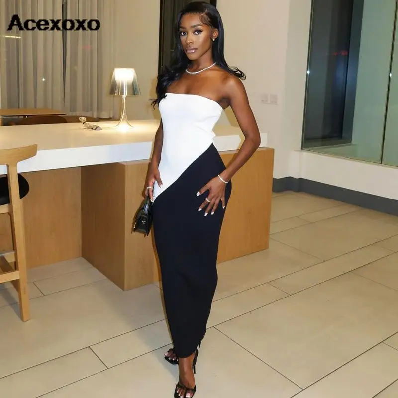 

European and American women's dress 2023 new summer bag hip raised color splicing strapless dress slim women