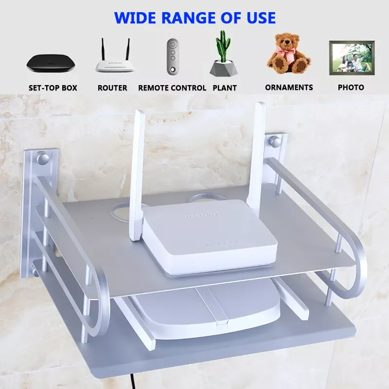 

2023NEW Wall Mounting Black &Silver Metal Wireless Wifi Router Boxes/TV Set-Top Box/DVD Player Stand/Telephone Holder Rack