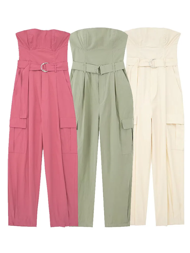 

Женский комбинезон с поясом Wiilshela, однотонный комбинезон с открытой спиной и карманами, винтажный комбинезон без бретелек с вырезом лодочкой